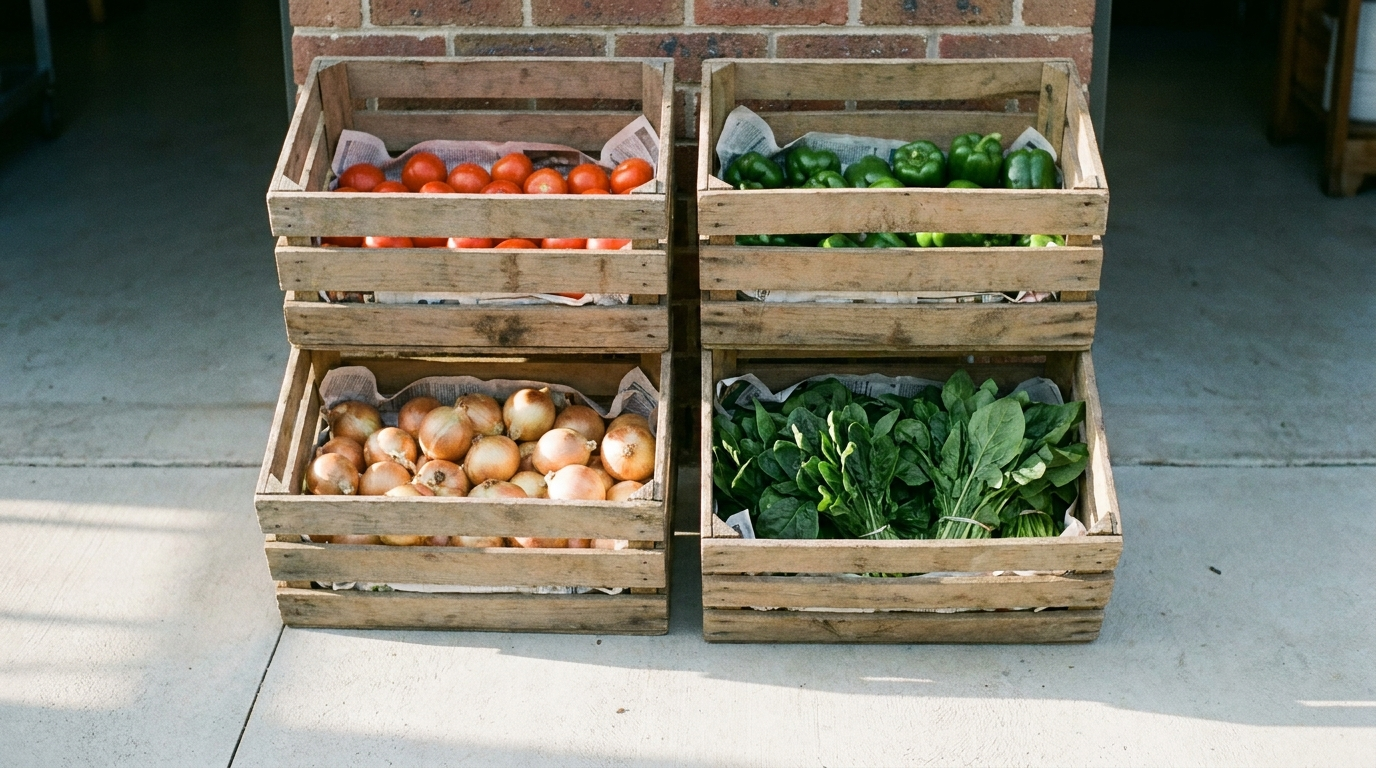 Crates of graded vegetables and fruits delivered at a kitchen entrance in the morning