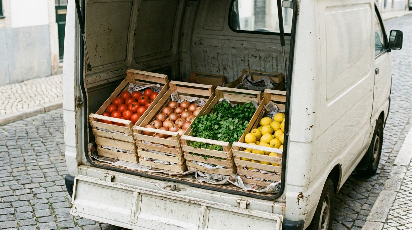 Delivery van loaded with single-item crates of fresh produce at dawn