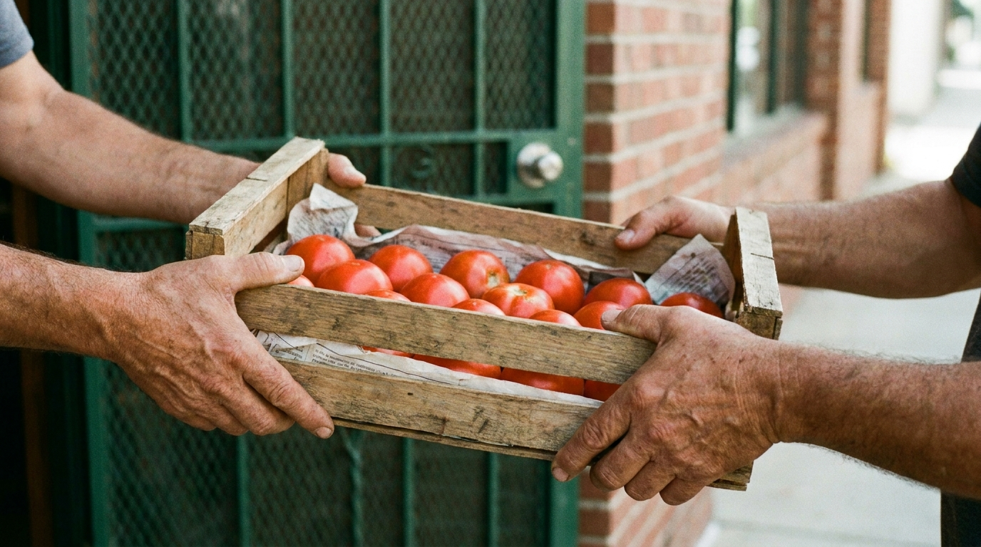 A crate of graded vegetables handed over at the kitchen door