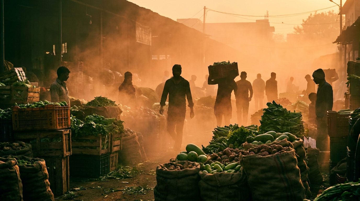 The wholesale market at first light, crates of fresh produce in morning haze